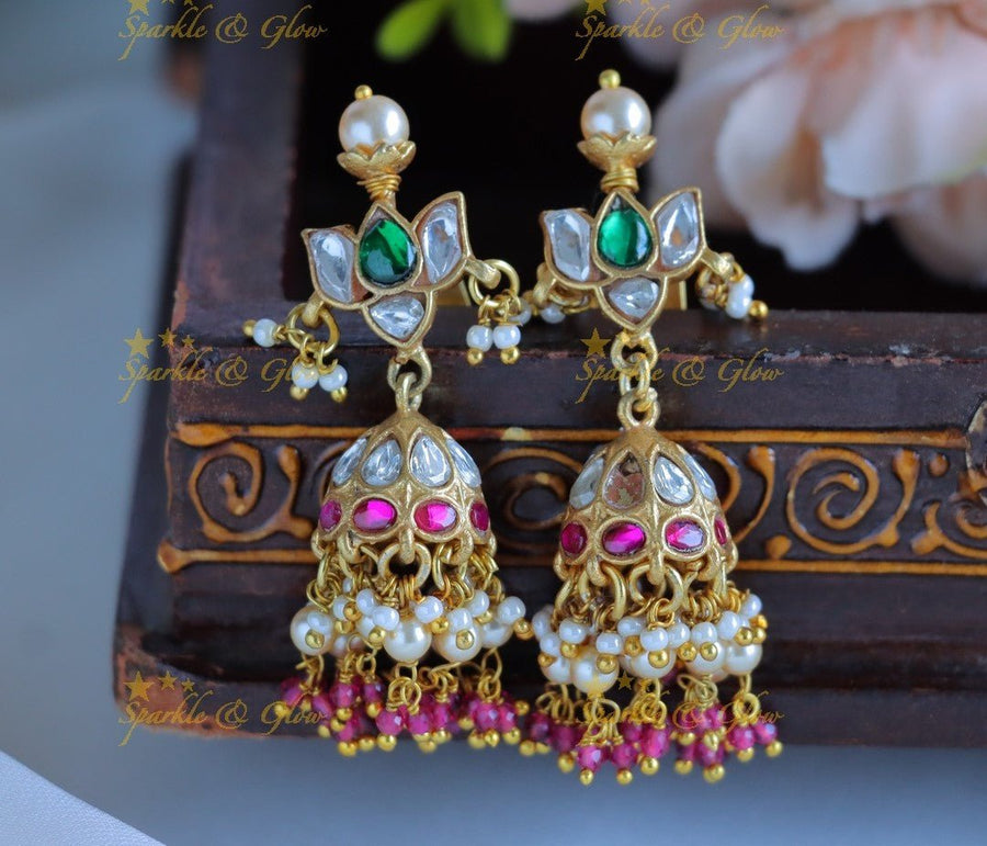 Stunning Jadau Kundan Lotus Floral Jhumukas with pearls - Sparkle and Glow - 