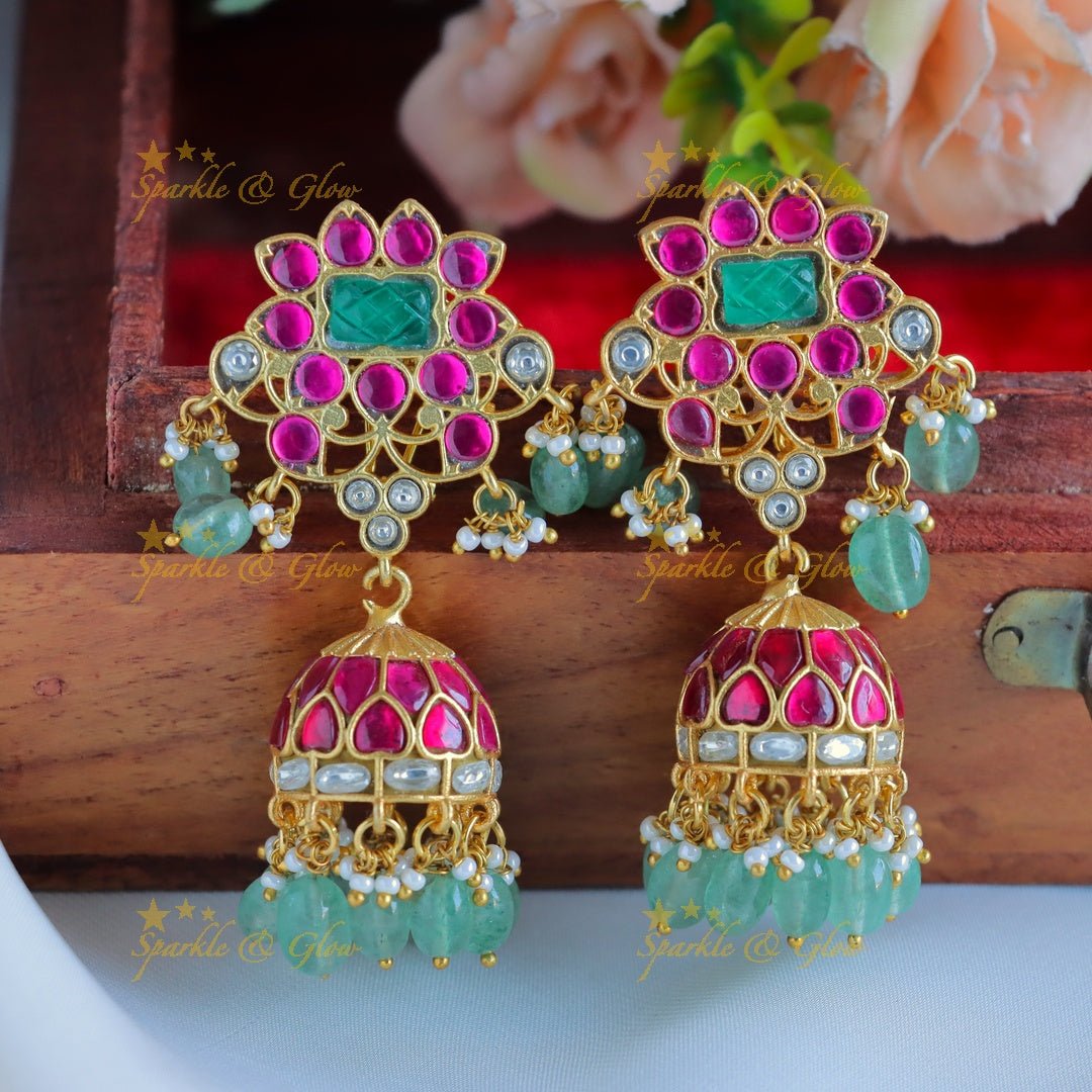 Real Jadau Kundan Square Floral Jhumukas - Sparkle and Glow - 