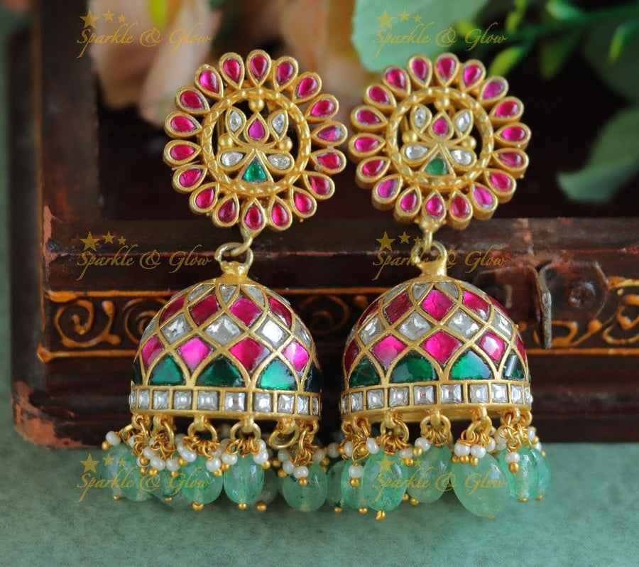 Stunning Lotus Flower studded Jadau Kundan Jhumukas - Sparkle and Glow - 