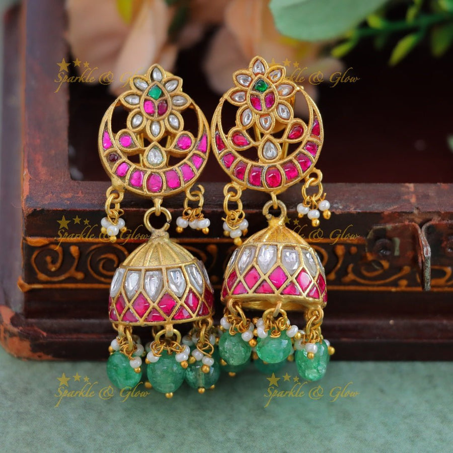 Elegant Half Moon Flower studded Jadau Kundan jhumukas - Sparkle and Glow - 