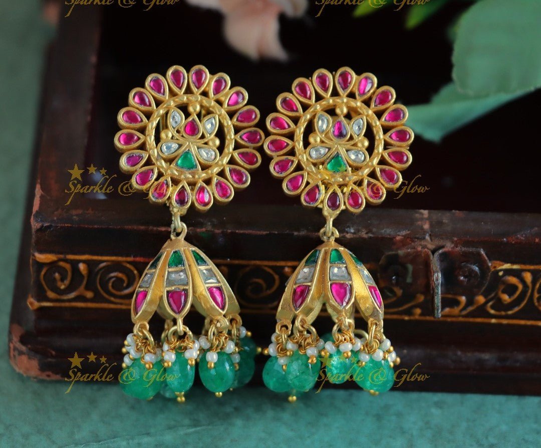 Stunning Lotus Flower studded Jadau Kundan Jhumukas - Sparkle and Glow - 