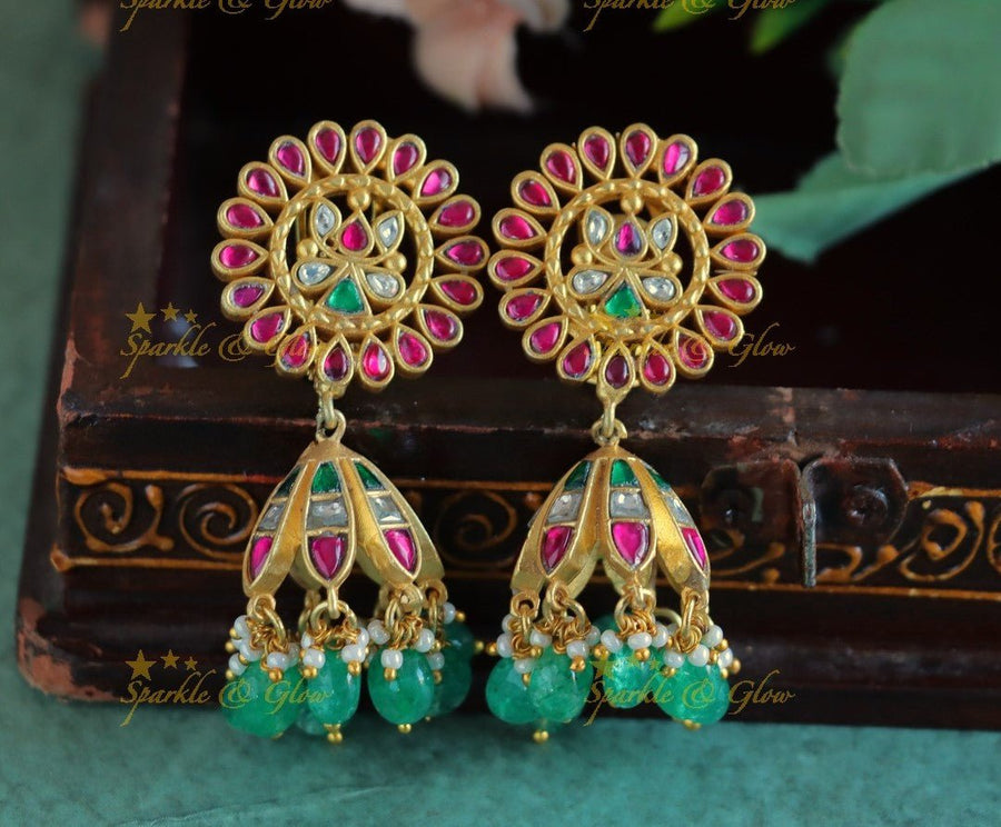 Stunning Lotus Flower studded Jadau Kundan Jhumukas - Sparkle and Glow - 