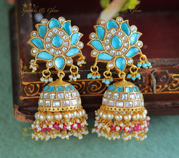 Grand Lotus Flower studded Jadau Kundan Jhumukas - Skyblue - Sparkle and Glow - Skyblue - 