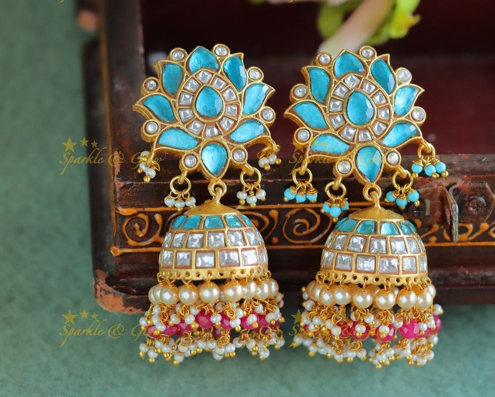 Grand Lotus Flower studded Jadau Kundan Jhumukas - Skyblue - Sparkle and Glow - Green - 