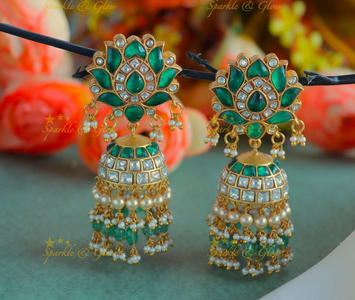 Grand Lotus Flower studded Jadau Kundan Jhumukas - Skyblue - Sparkle and Glow - Green - 