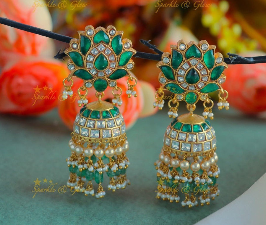 Grand Lotus Flower studded Jadau Kundan Jhumukas - Skyblue - Sparkle and Glow - Green - 