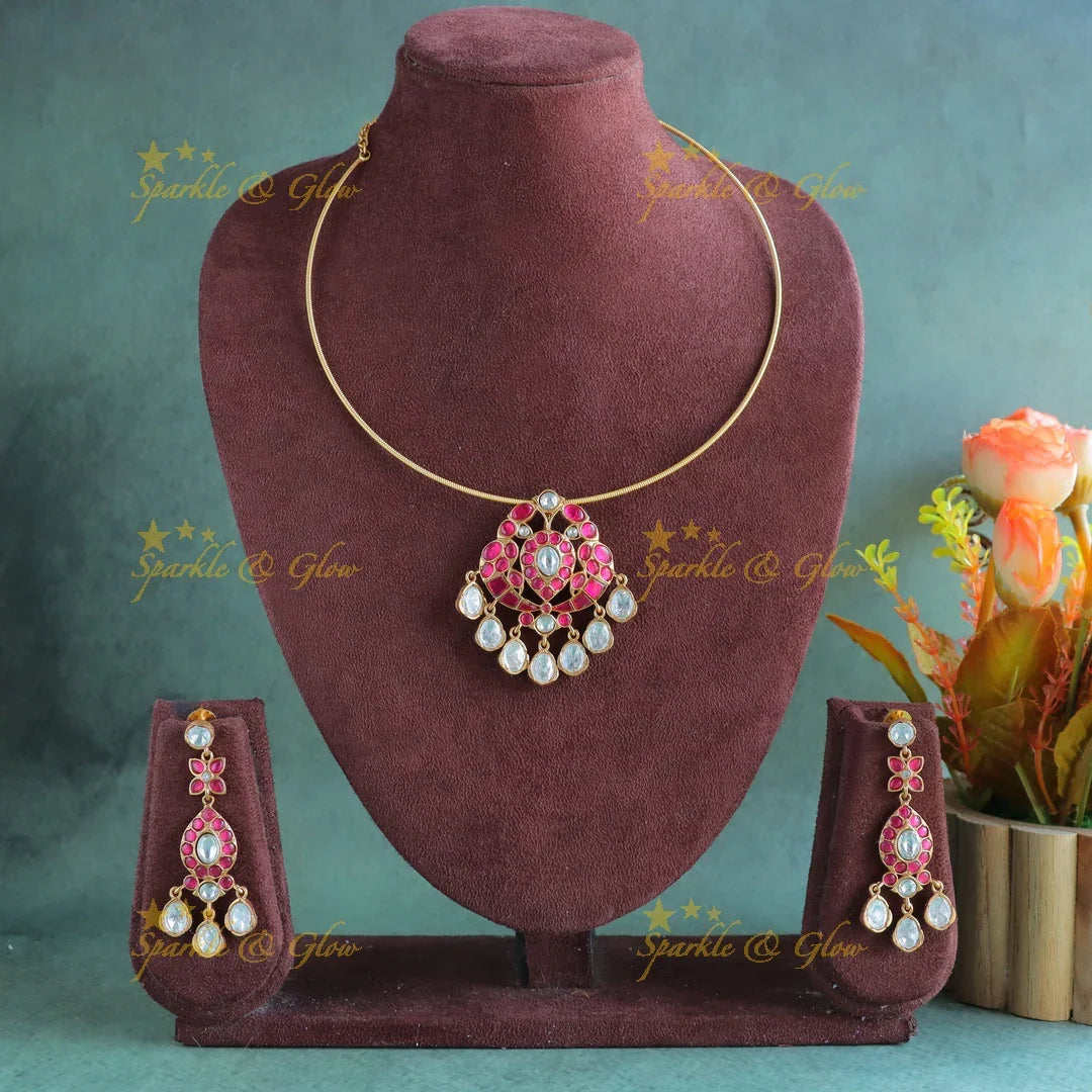 Stunning Jadau fusion with natural stones choker-Pink - Sparkle and Glow