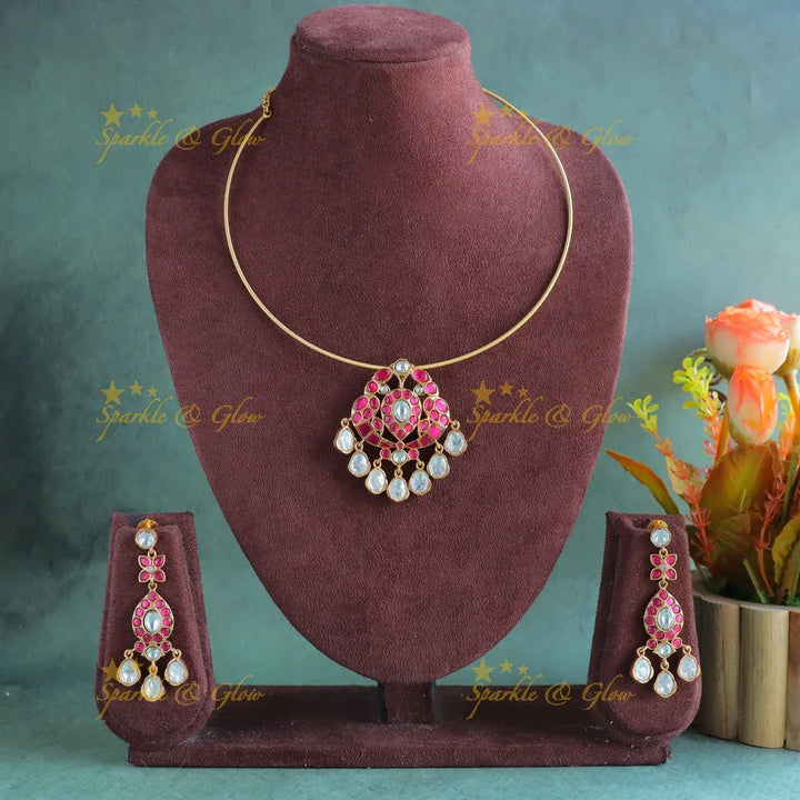 Stunning Jadau fusion with natural stones choker-Pink - Sparkle and Glow