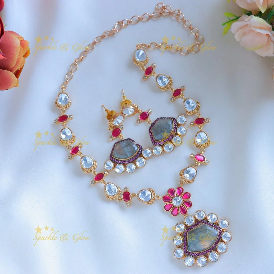 Stunning Jadau fusion with natural stones necklace - Grey - Sparkle and Glow