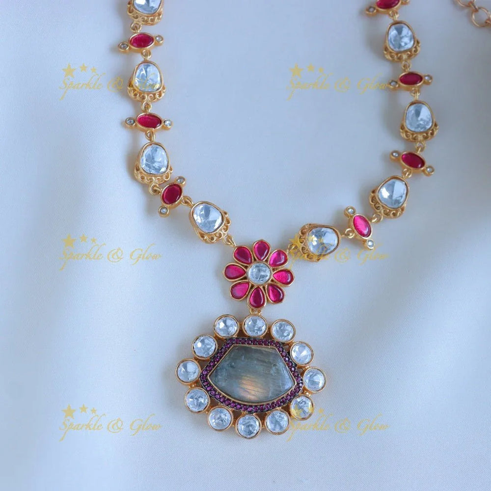 Stunning Jadau fusion with natural stones necklace - Grey - Sparkle and Glow