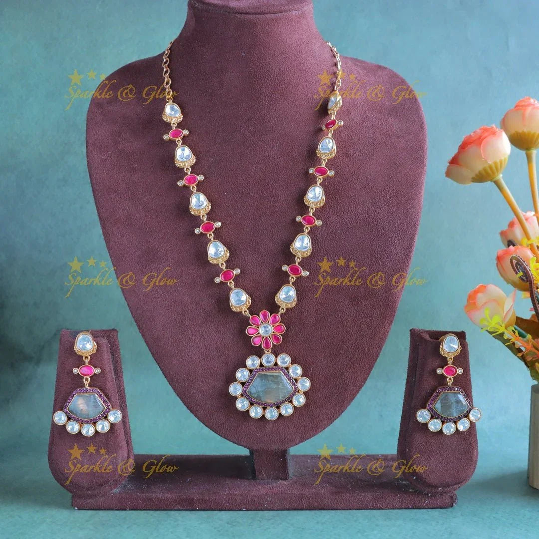 Stunning Jadau fusion with natural stones necklace - Grey - Sparkle and Glow