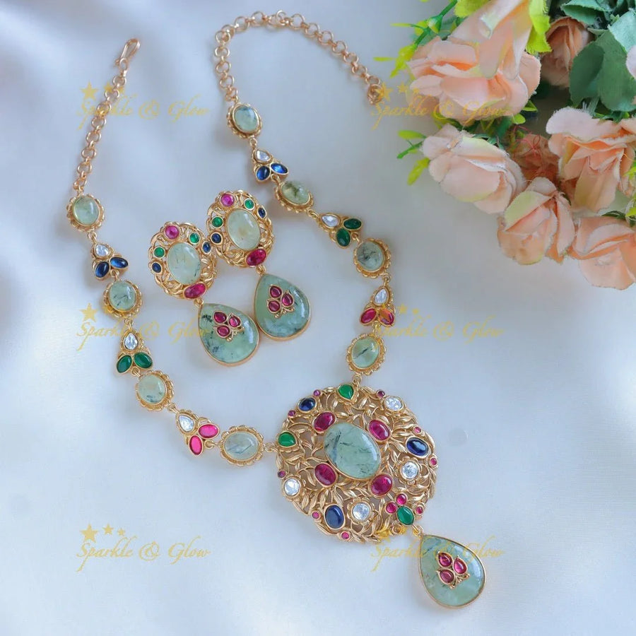 Stunning Multi colour Jadau fusion with mint green natural stones necklace - Sparkle and Glow