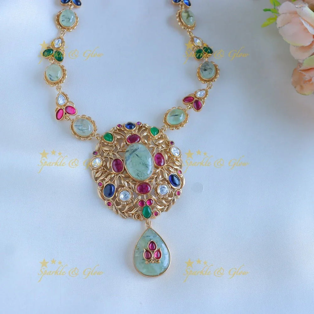 Stunning Multi colour Jadau fusion with mint green natural stones necklace - Sparkle and Glow