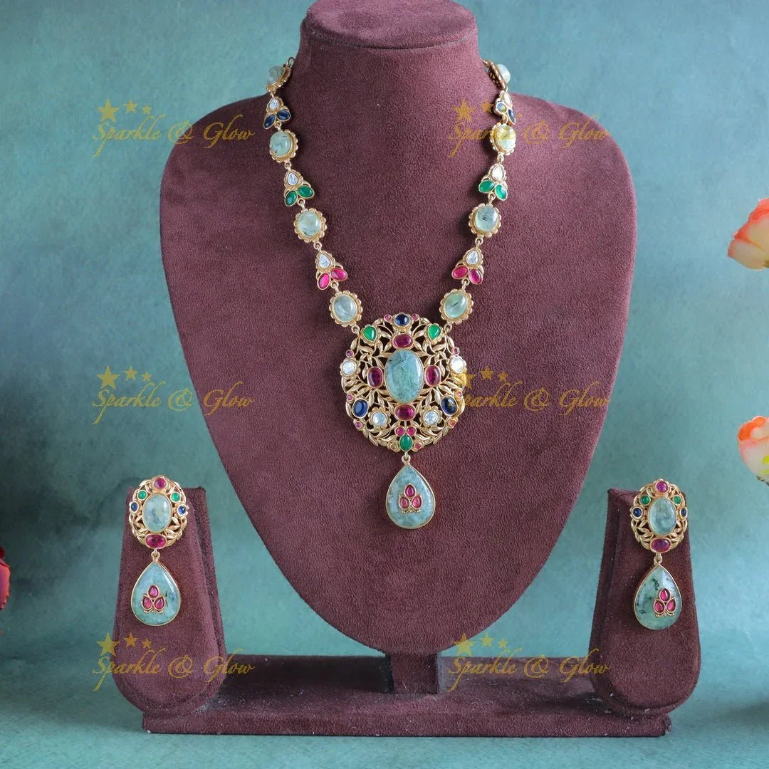 Stunning Multi colour Jadau fusion with mint green natural stones necklace - Sparkle and Glow