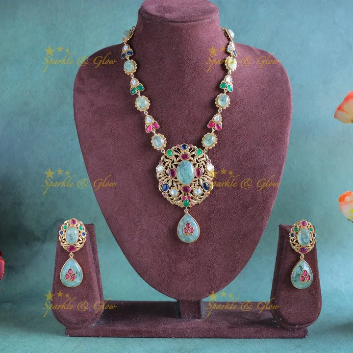 Stunning Multi colour Jadau fusion with mint green natural stones necklace - Sparkle and Glow