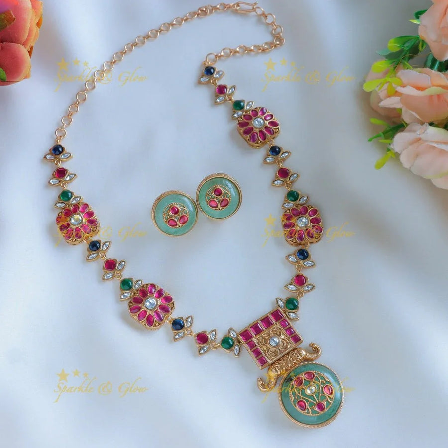 Beautiful multi natural stones elephant carved floral jadau fusion necklace - Sparkle and Glow
