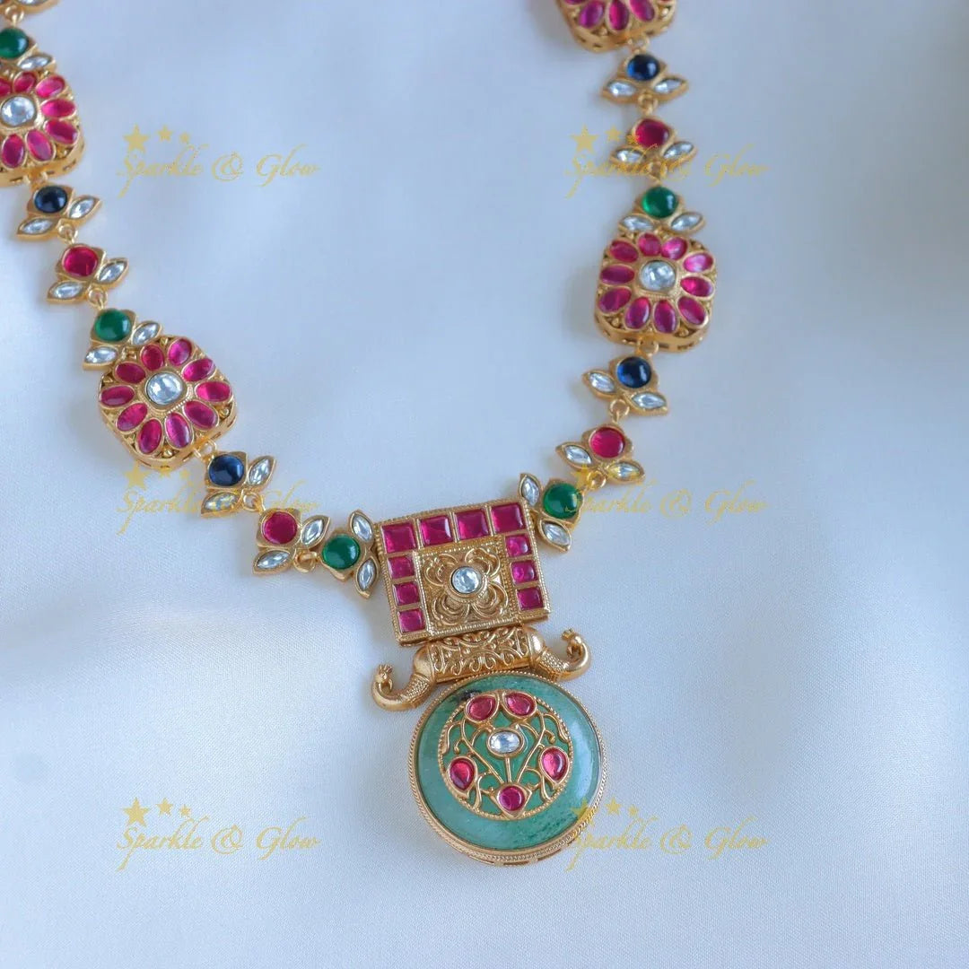 Beautiful multi natural stones elephant carved floral jadau fusion necklace - Sparkle and Glow