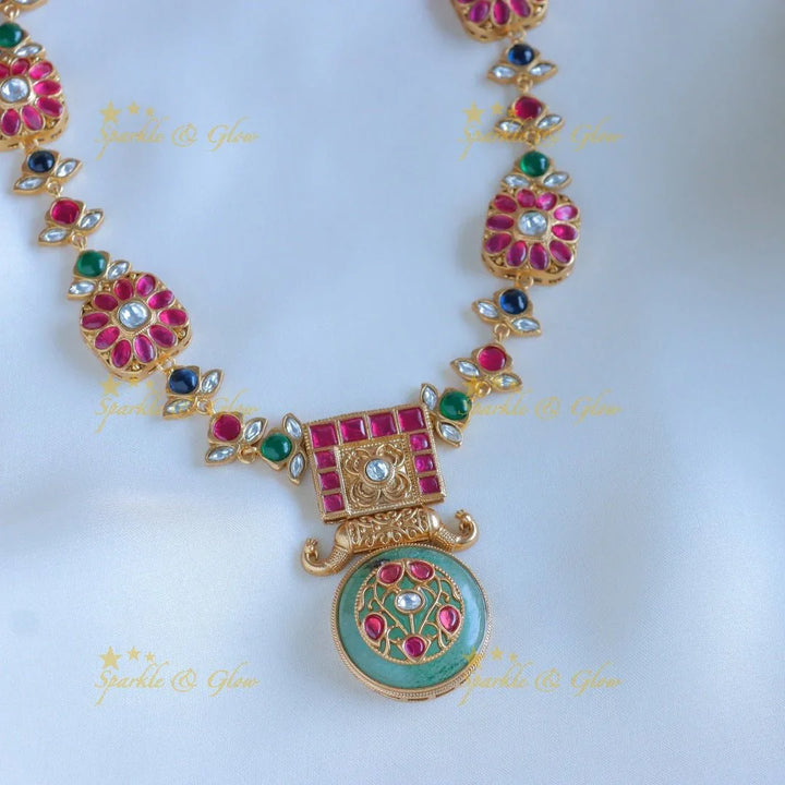 Beautiful multi natural stones elephant carved floral jadau fusion necklace - Sparkle and Glow