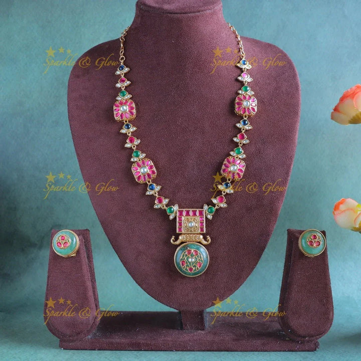 Beautiful multi natural stones elephant carved floral jadau fusion necklace - Sparkle and Glow