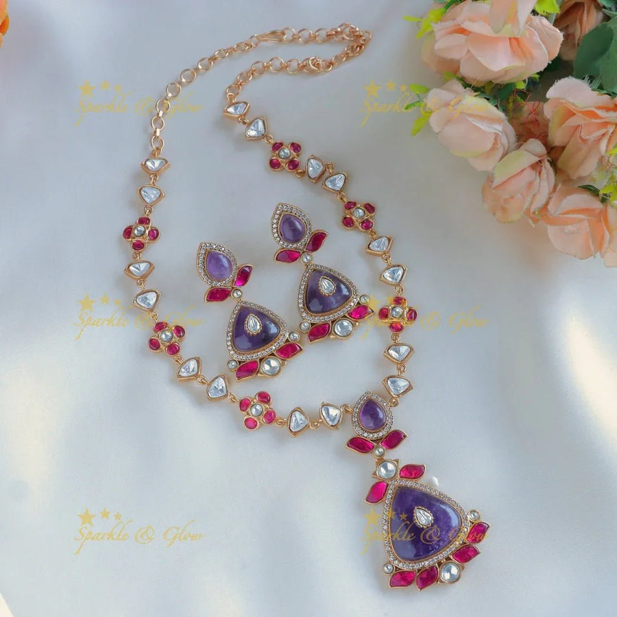 Stunning purple floral Jadau fusion with natural stones necklace - Sparkle and Glow