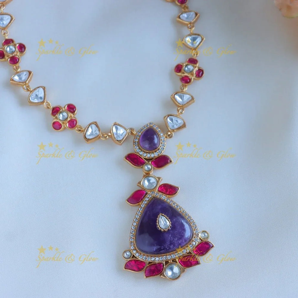 Stunning purple floral Jadau fusion with natural stones necklace - Sparkle and Glow