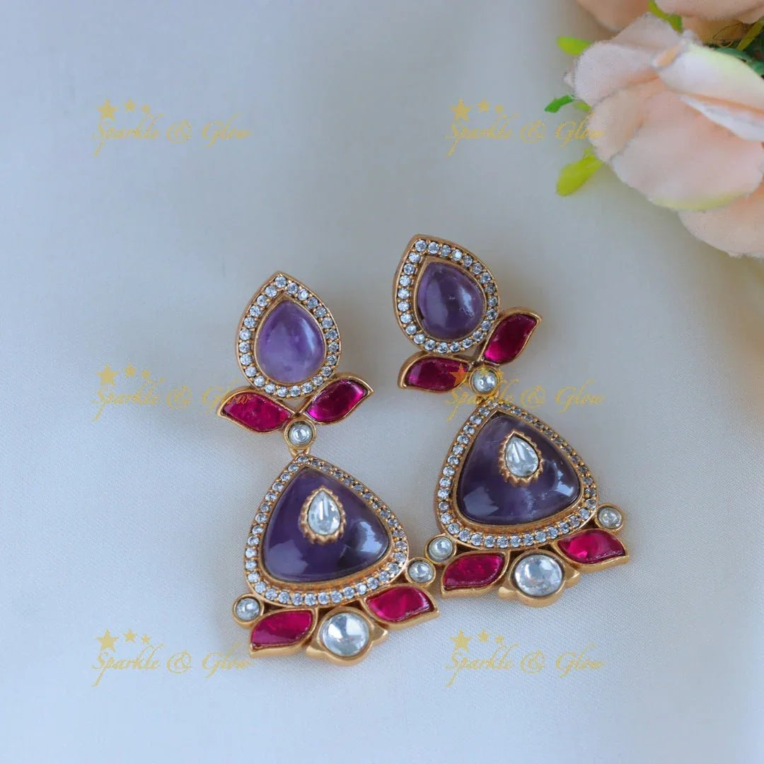Stunning purple floral Jadau fusion with natural stones necklace - Sparkle and Glow