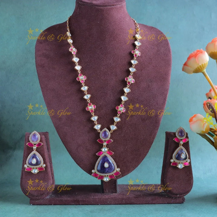 Stunning purple floral Jadau fusion with natural stones necklace - Sparkle and Glow