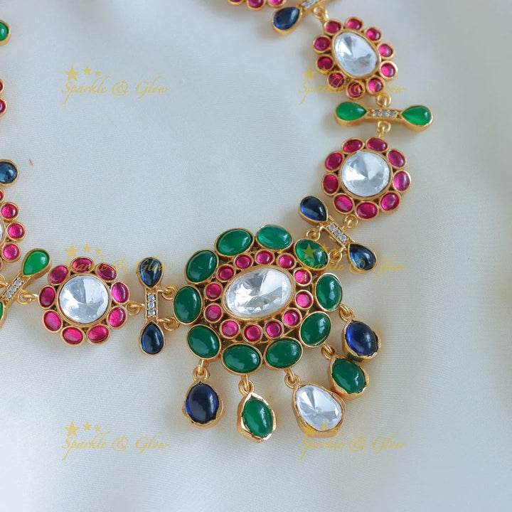 Elegant Multi colour Stone Jadau fusion with natural stones necklace - Sparkle and Glow