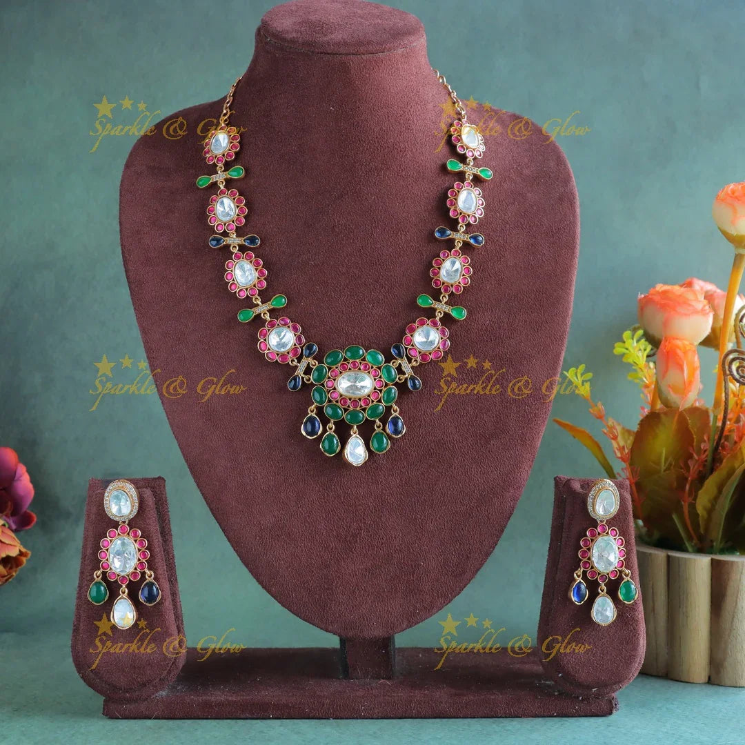 Elegant Multi colour Stone Jadau fusion with natural stones necklace - Sparkle and Glow