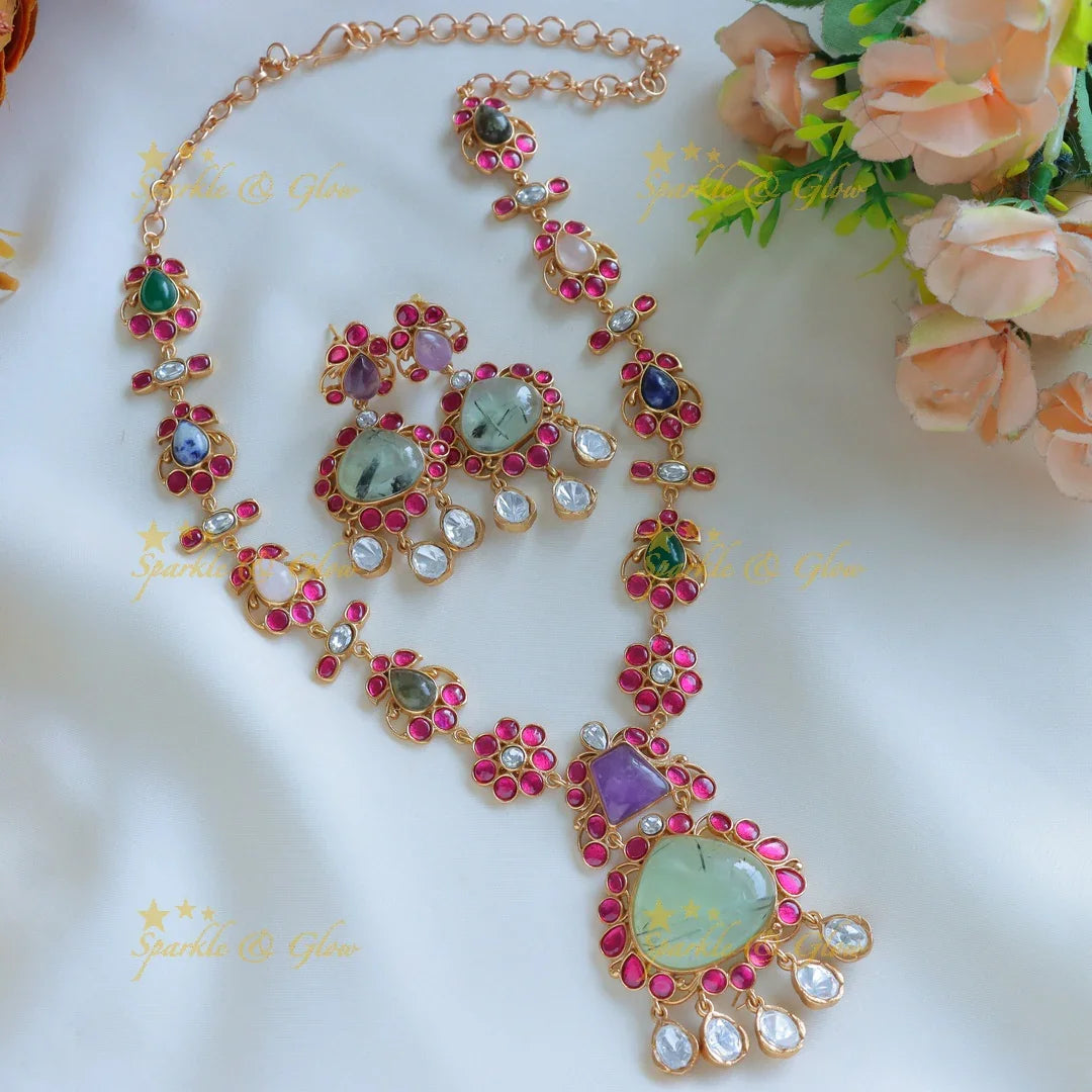 Simple and Elegant pendant jadau fusion with multi colour natural stones necklace - Dark Green - Sparkle and Glow