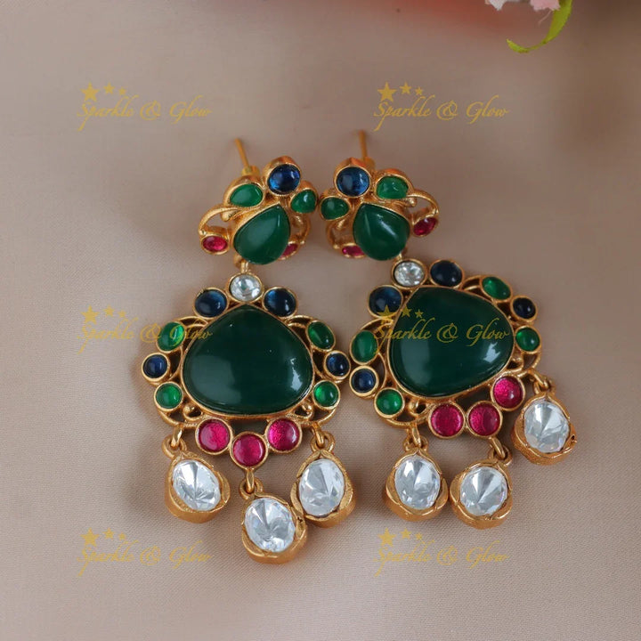 Simple and Elegant pendant jadau fusion with multi colour natural stones necklace - Dark Green - Sparkle and Glow