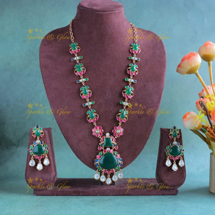 Simple and Elegant pendant jadau fusion with multi colour natural stones necklace - Dark Green - Sparkle and Glow
