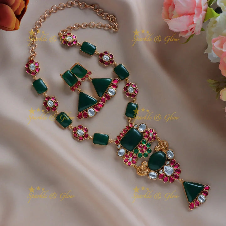 Simple and Elegant Floral design jadau fusion with natural stones necklace - Purple - Sparkle and Glow