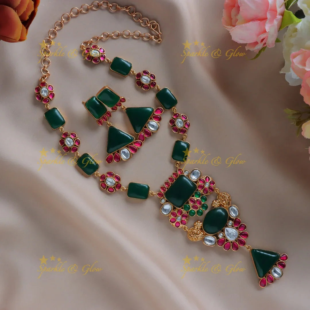 Simple and Elegant Floral design jadau fusion with natural stones necklace - Purple - Sparkle and Glow