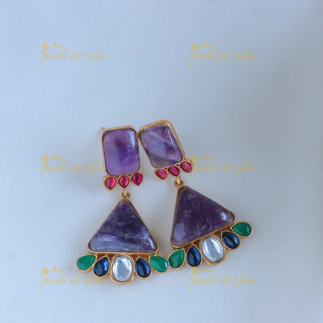 Simple and Elegant Floral design jadau fusion with natural stones necklace - Purple - Sparkle and Glow
