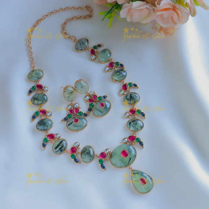 Elegant Parrot design jadau fusion with natural stones necklace - Purple - Sparkle and Glow