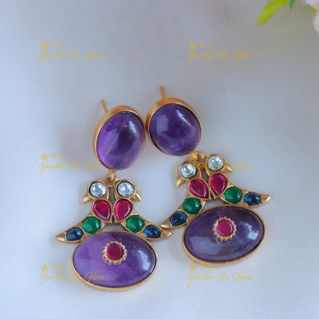 Elegant Parrot design jadau fusion with natural stones necklace - Purple - Sparkle and Glow