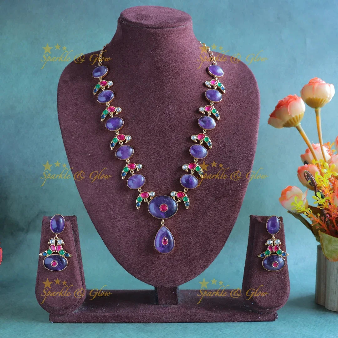 Elegant Parrot design jadau fusion with natural stones necklace - Purple - Sparkle and Glow