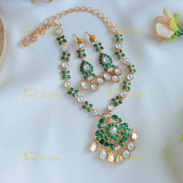 Floral Multi colour Beautiful jadau fusion with natural stones necklace - Sparkle and Glow