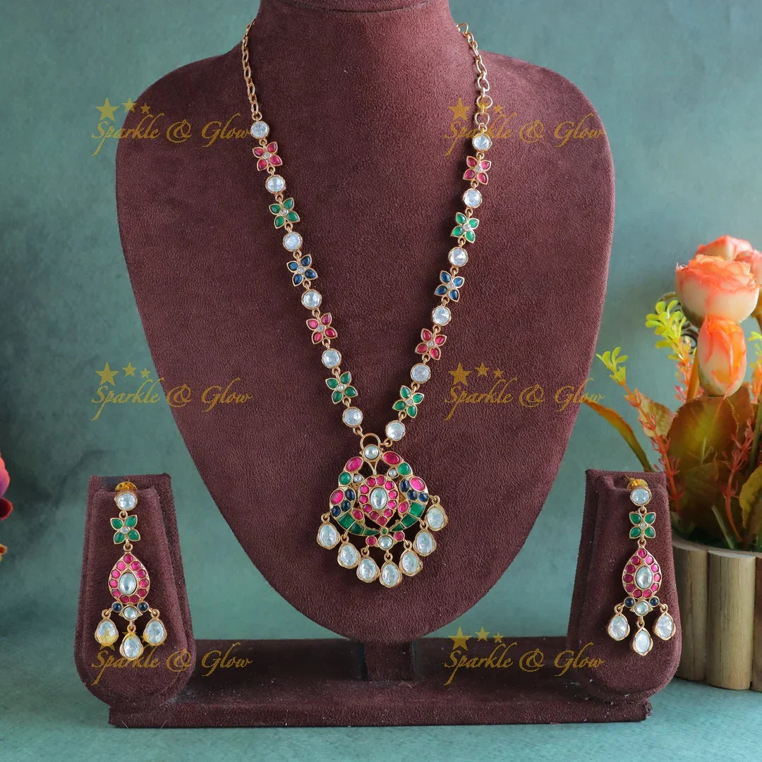Floral Multi colour Beautiful jadau fusion with natural stones necklace - Sparkle and Glow