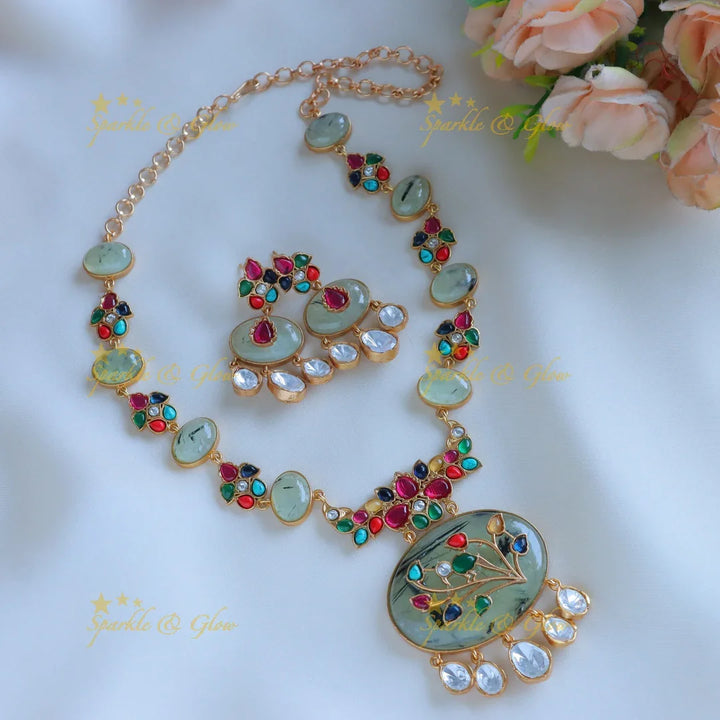 Beautiful Floral and leaf design jadau fusion with natural stones necklace - Purple - Sparkle and Glow