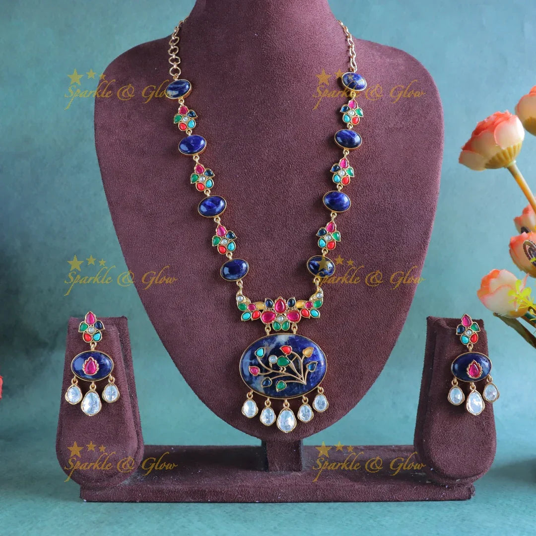 Beautiful Floral and leaf design jadau fusion with natural stones necklace - Purple - Sparkle and Glow