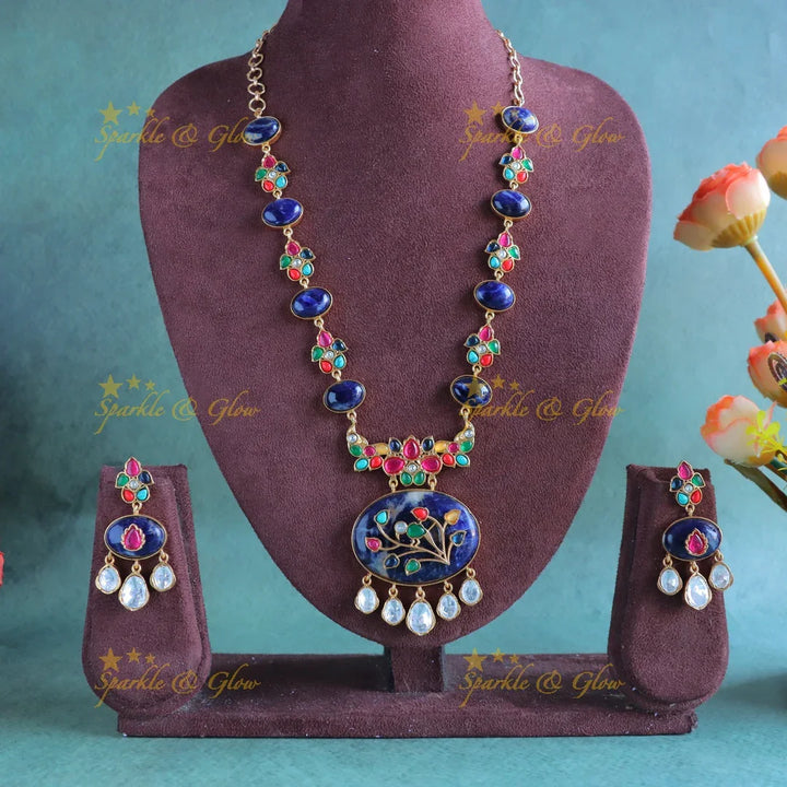 Beautiful Floral and leaf design jadau fusion with natural stones necklace - Purple - Sparkle and Glow