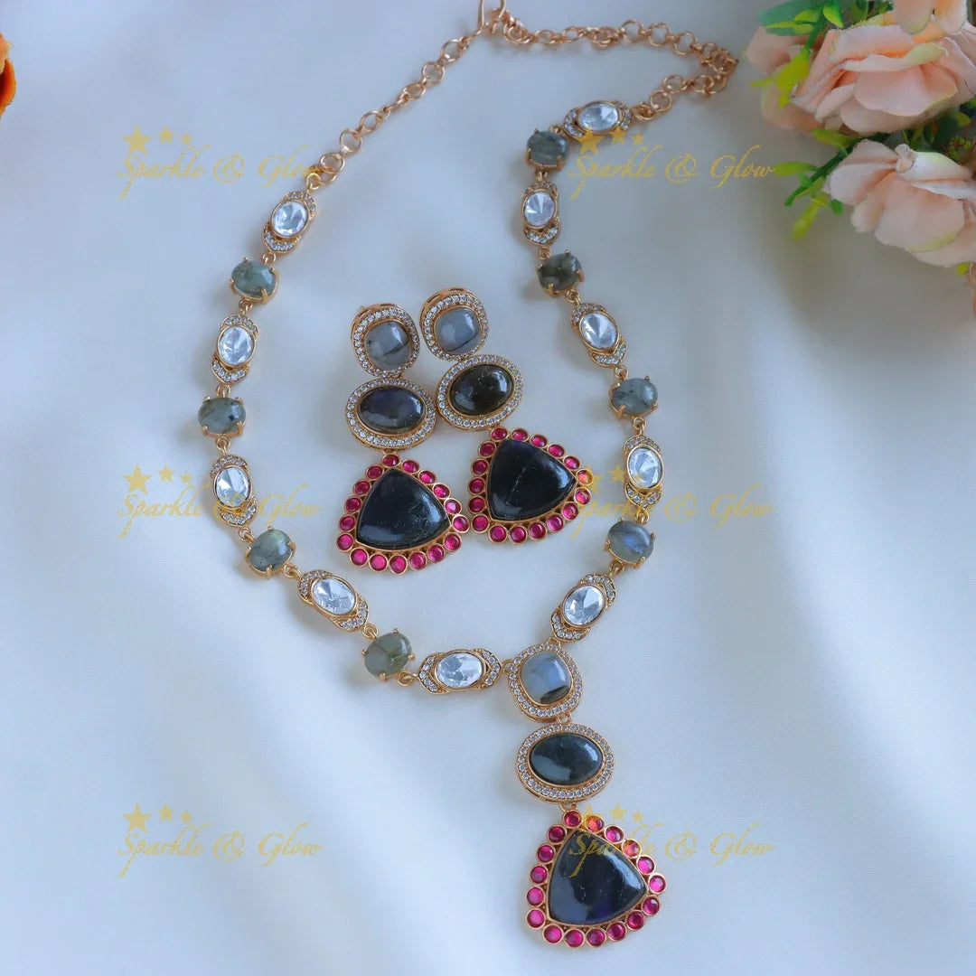Pretty mint green pendant jadau fusion with multi colour natural stones necklace - Sparkle and Glow