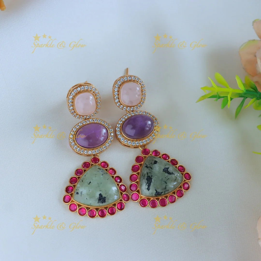 Pretty mint green pendant jadau fusion with multi colour natural stones necklace - Sparkle and Glow