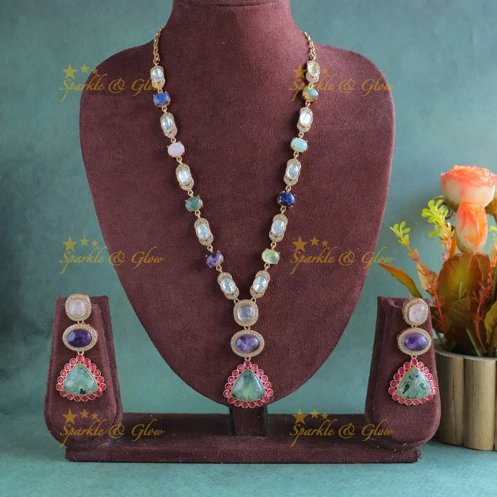 Pretty mint green pendant jadau fusion with multi colour natural stones necklace - Sparkle and Glow