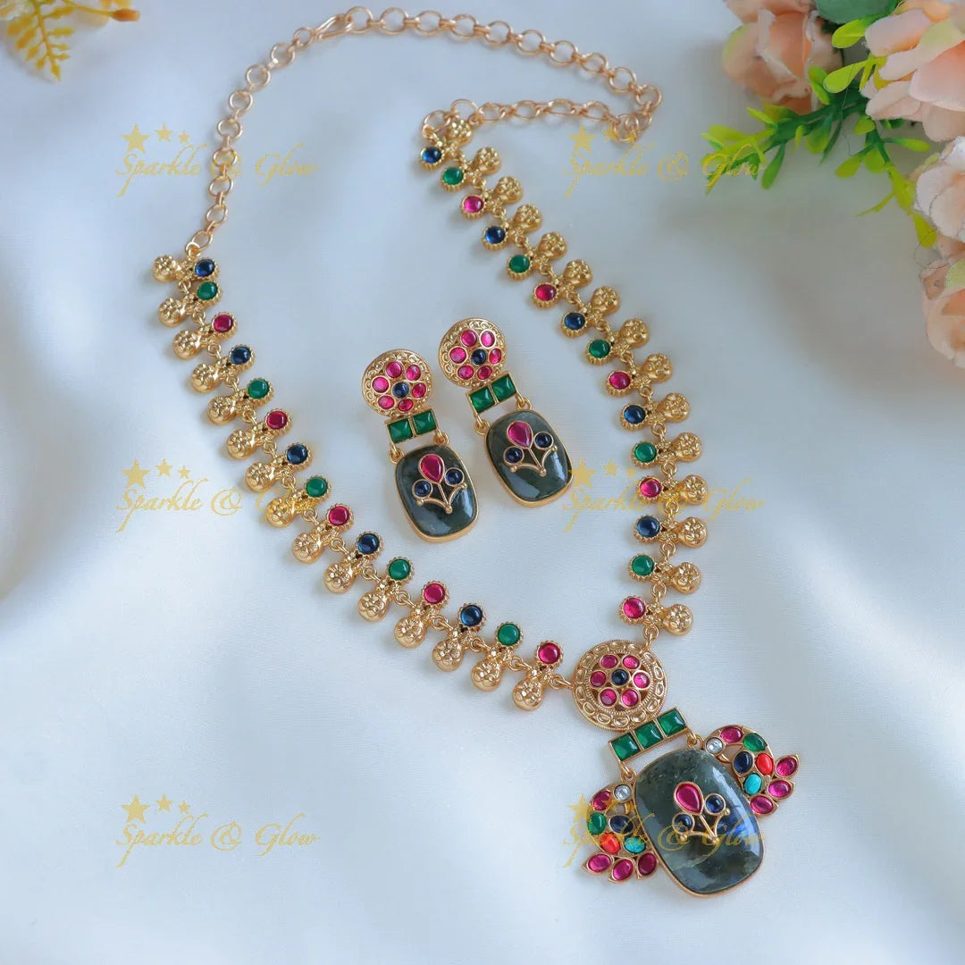 Beautiful multi colour peacock jadau fusion with natural stones necklace - Purple - Sparkle and Glow