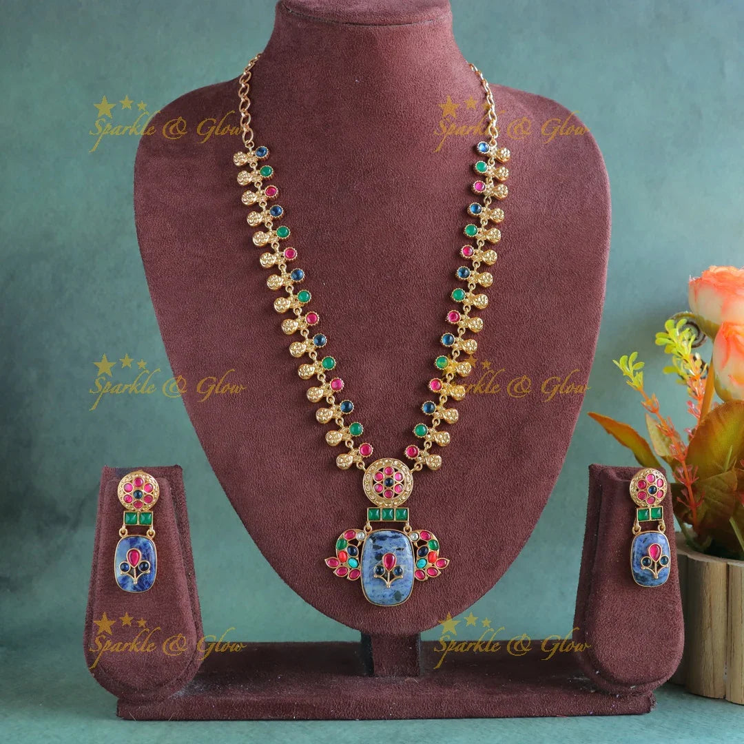 Beautiful multi colour peacock jadau fusion with natural stones necklace - Purple - Sparkle and Glow