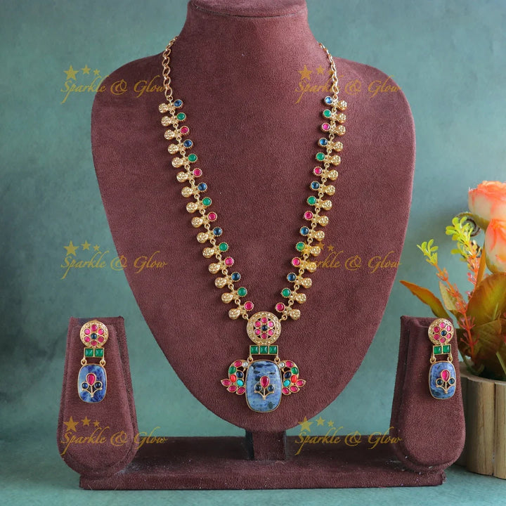 Beautiful multi colour peacock jadau fusion with natural stones necklace - Purple - Sparkle and Glow