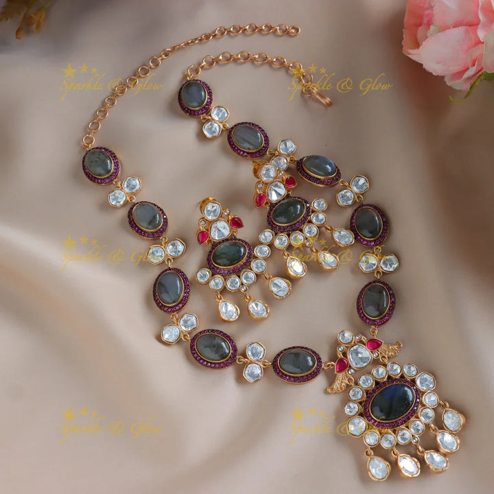 Gorgeous peacock with pendant jadau fusion with natural stones necklace - Mint Green - Sparkle and Glow